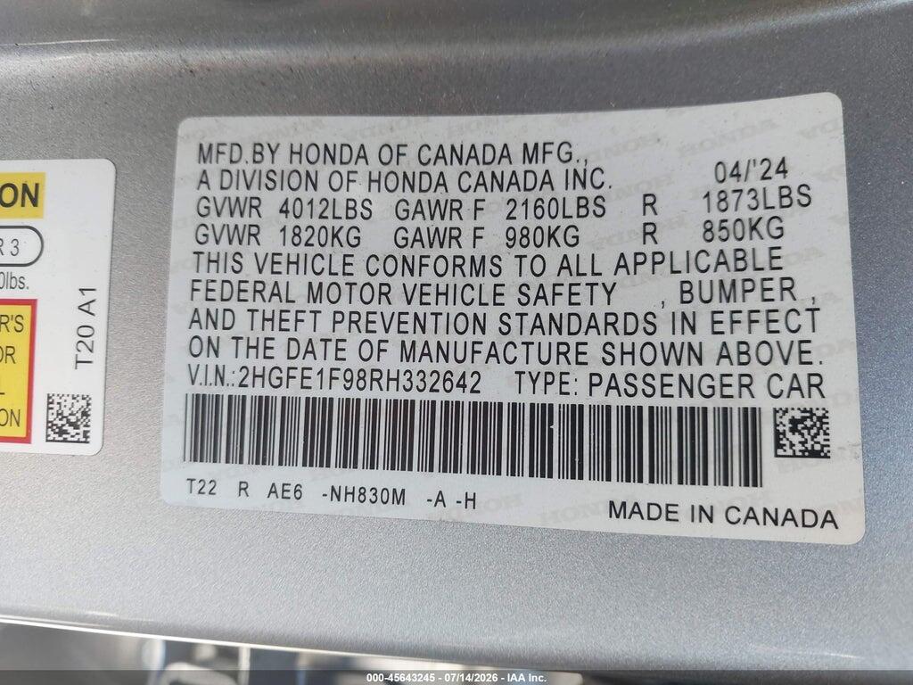 2HGFE1F98RH332642 2024 HONDA CIVIC photo no. 9
