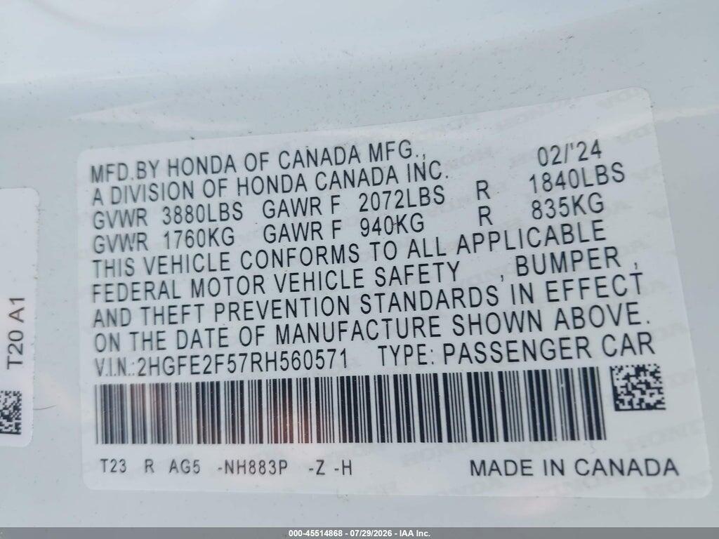 2HGFE2F57RH560571 2024 HONDA CIVIC photo no. 9
