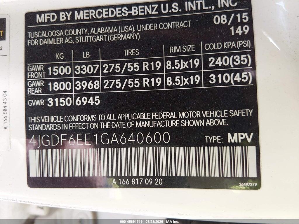 4JGDF6EE1GA640600 2016 MERCEDES-BENZ GL 450 photo no. 9