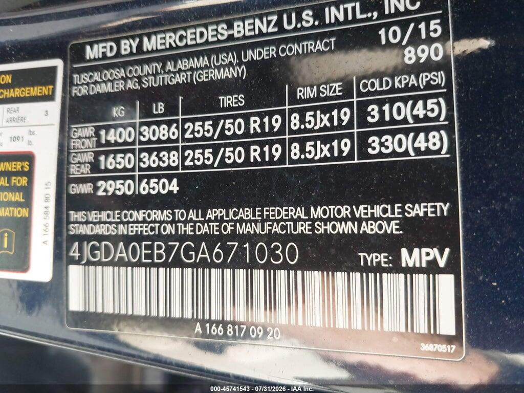 4JGDA0EB7GA671030 2016 MERCEDES-BENZ GLE 300D photo no. 9