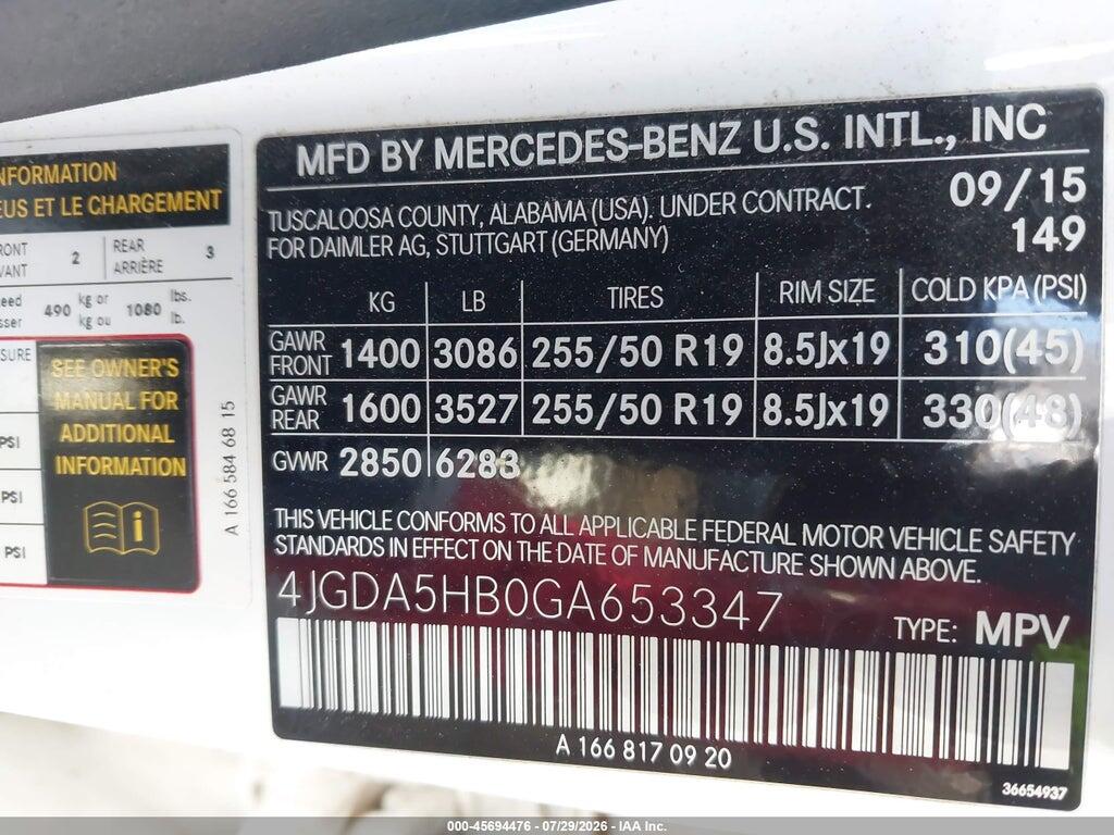 4JGDA5HB0GA653347 2016 MERCEDES-BENZ GLE 350 photo no. 9