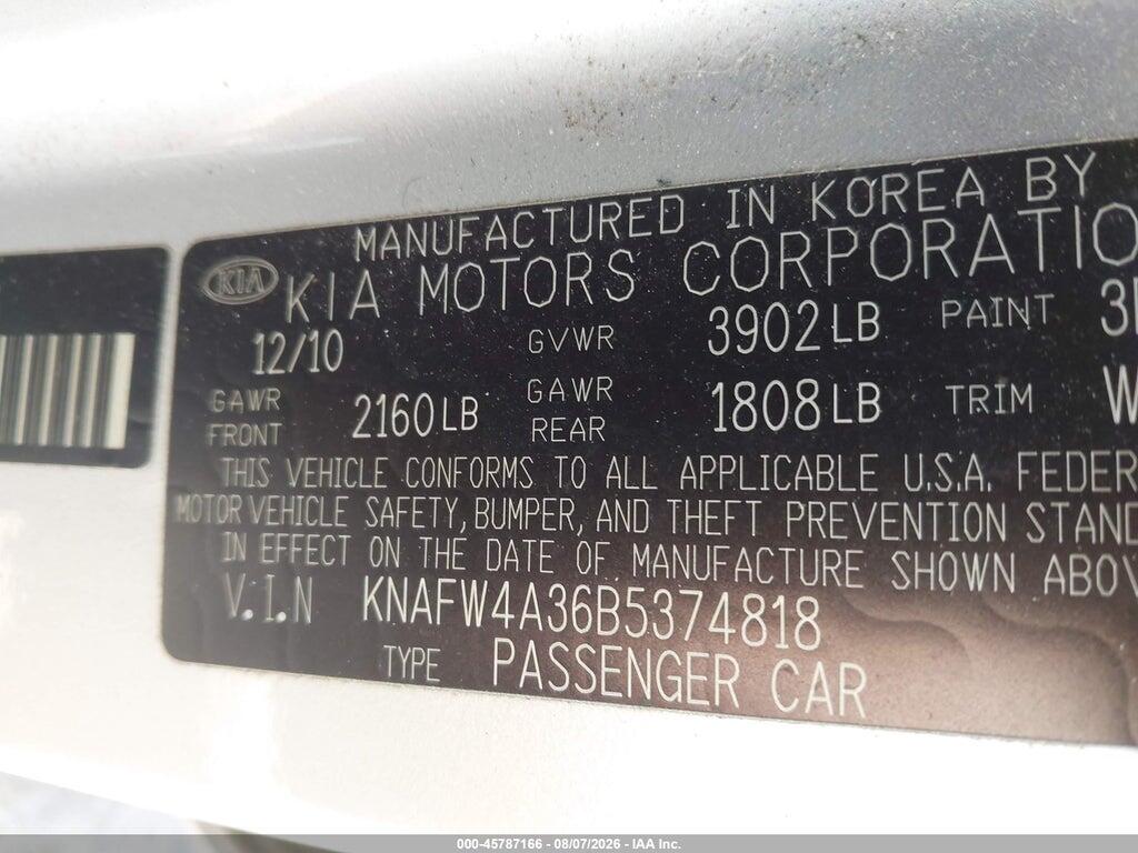 KNAFW4A36B5374818 2011 KIA FORTE photo no. 9