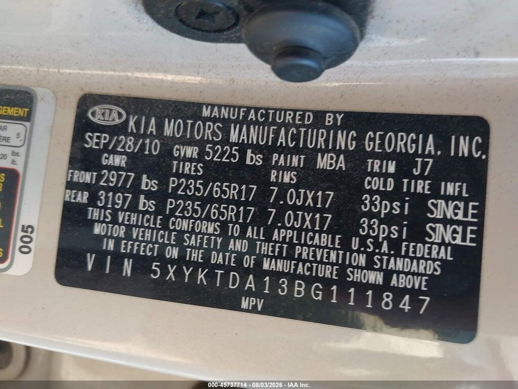 5XYKTDA13BG111847 2011 KIA SORENTO photo no. 9