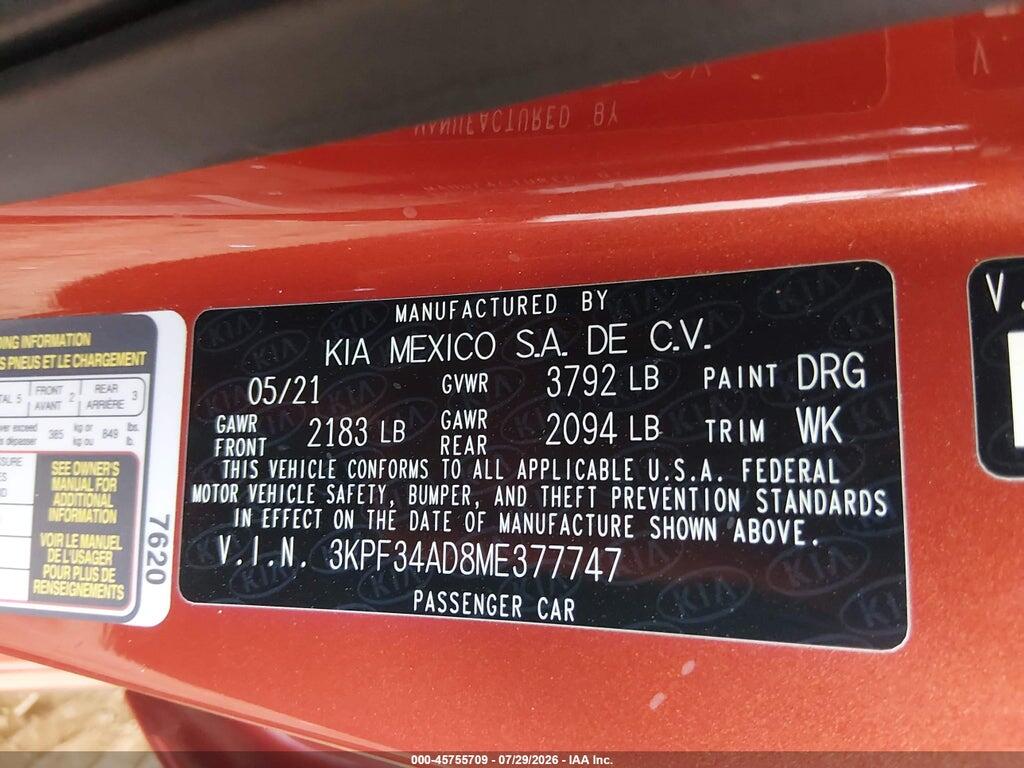 3KPF34AD8ME377747 2021 KIA FORTE photo no. 9