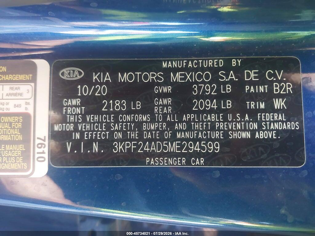 3KPF24AD5ME294599 2021 KIA FORTE photo no. 9