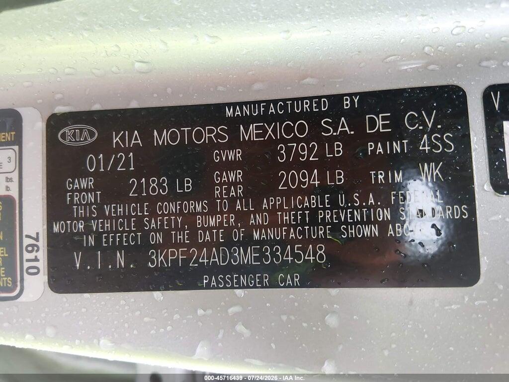 3KPF24AD3ME334548 2021 KIA FORTE photo no. 9