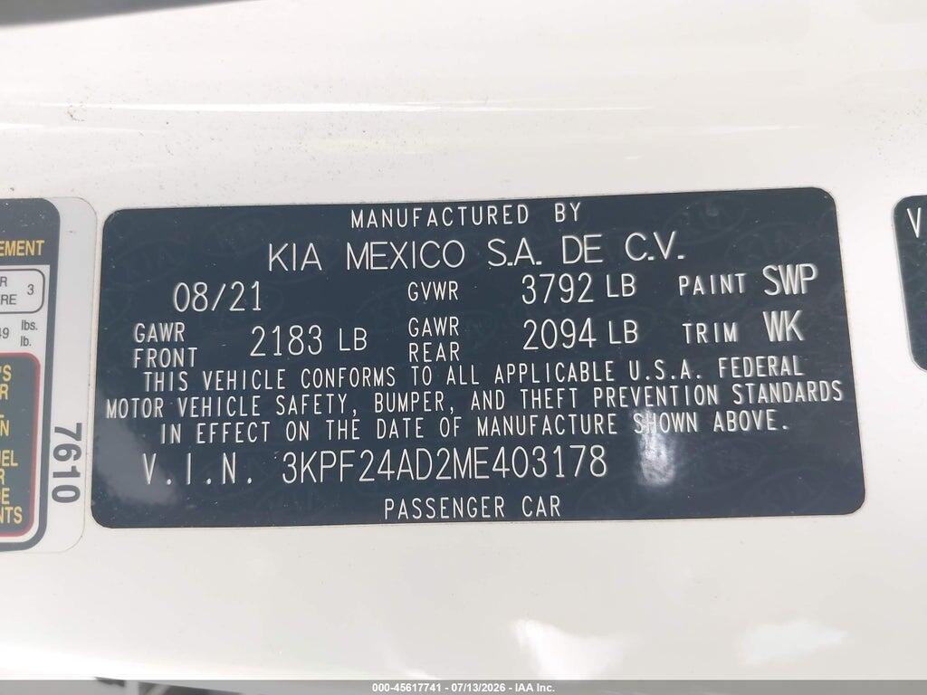 3KPF24AD2ME403178 2021 KIA FORTE photo no. 9