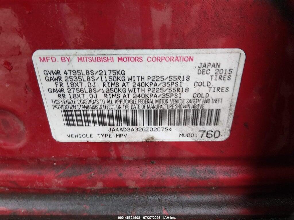 JA4AD3A32GZ020754 2016 MITSUBISHI OUTLANDER photo no. 9