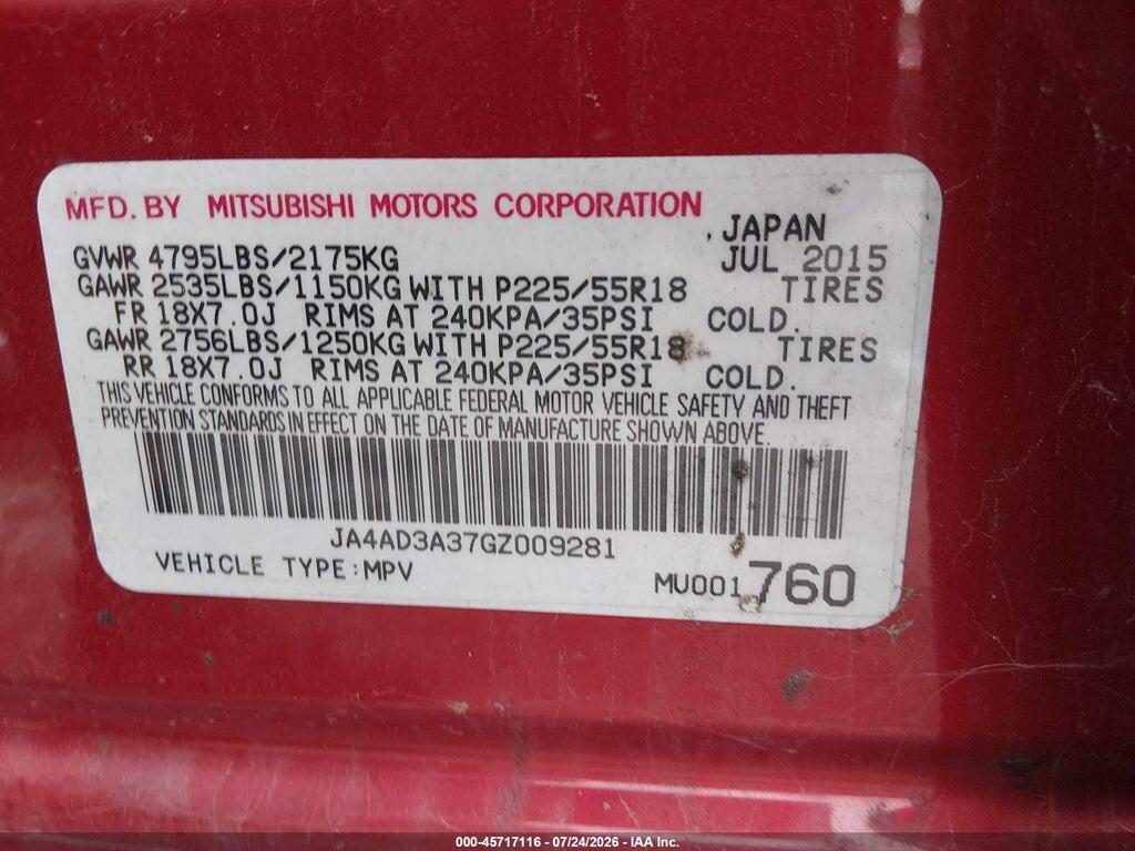 JA4AD3A37GZ009281 2016 MITSUBISHI OUTLANDER photo no. 9