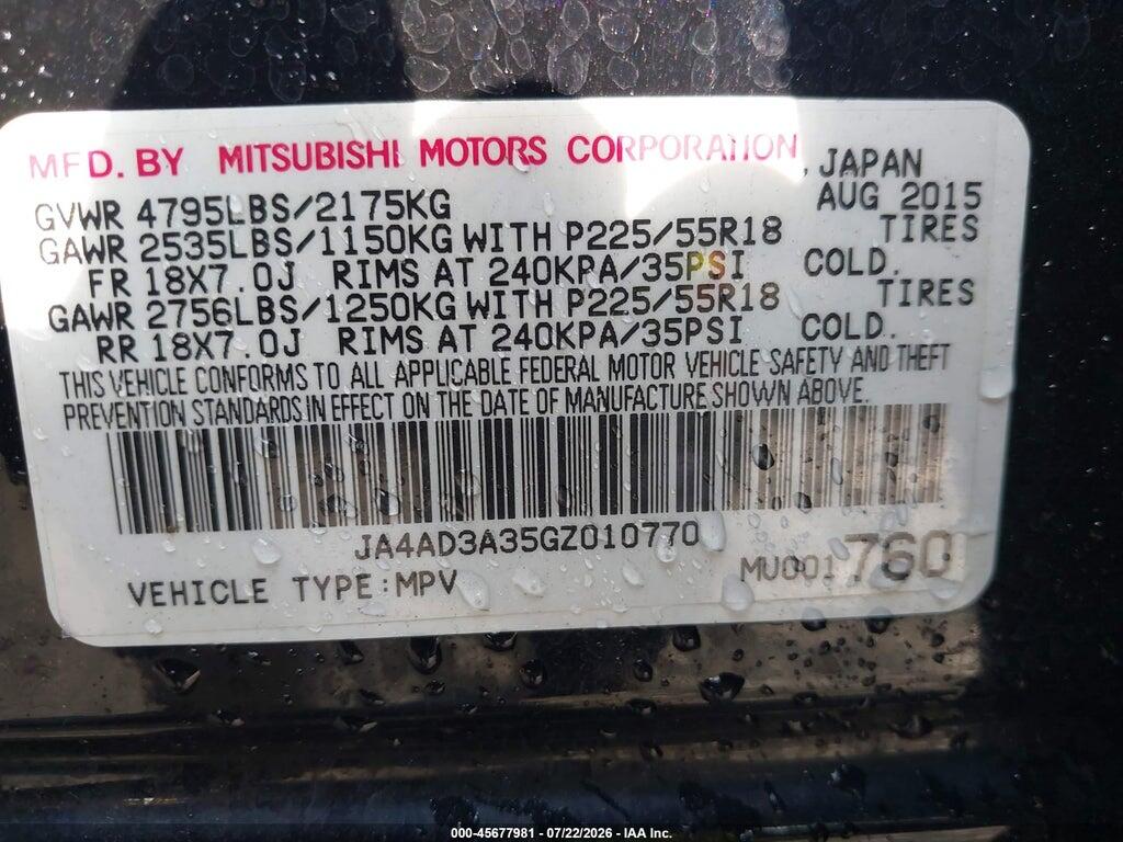 JA4AD3A35GZ010770 2016 MITSUBISHI OUTLANDER photo no. 9