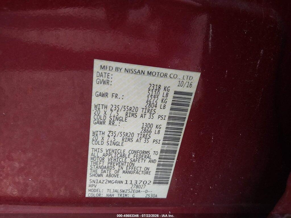 5N1AZ2MG4HN113702 2017 NISSAN MURANO photo no. 9