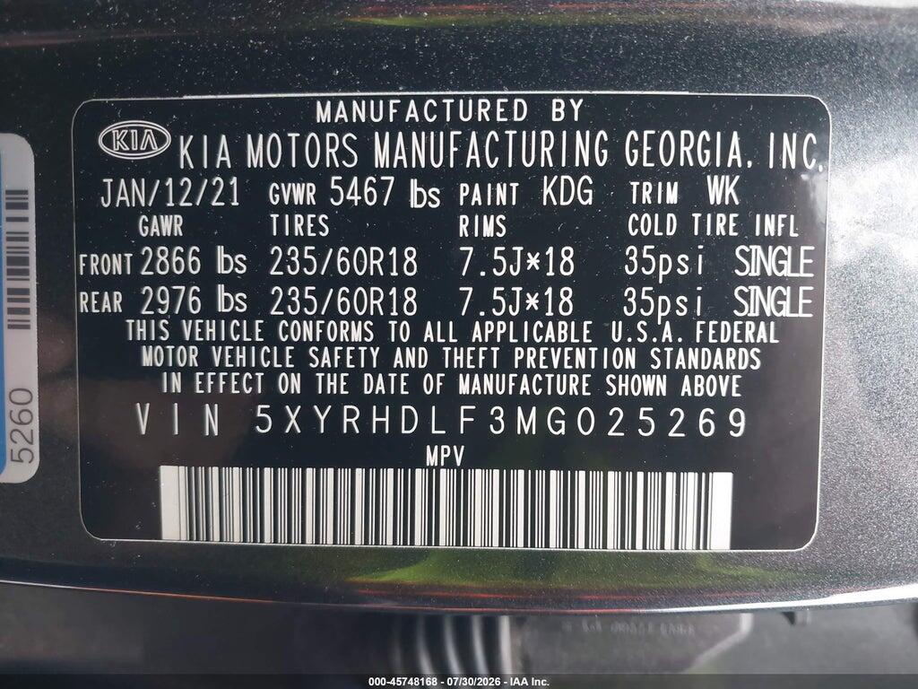 5XYRHDLF3MG025269 2021 KIA SORENTO photo no. 9