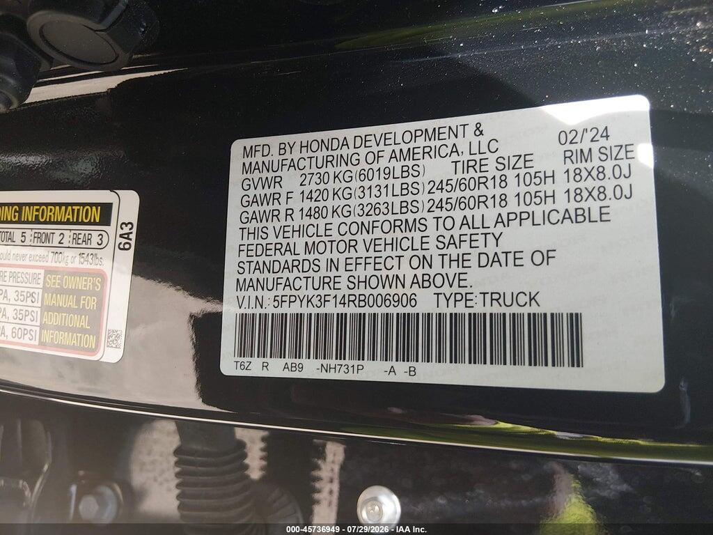 5FPYK3F14RB006906 2024 HONDA RIDGELINE photo no. 9