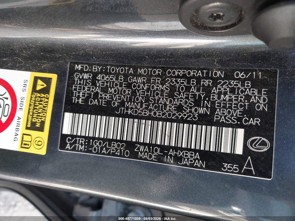 JTHKD5BH0B2029923 2011 LEXUS CT 200H photo no. 9
