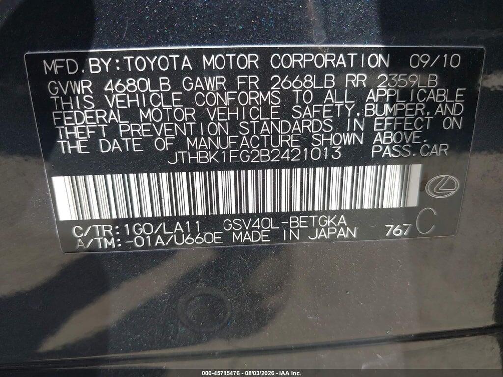 JTHBK1EG2B2421013 2011 LEXUS ES 350 photo no. 9