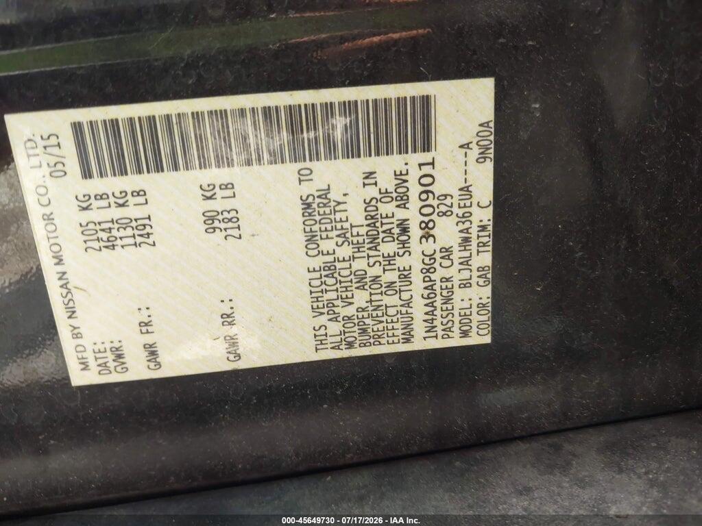 1N4AA6AP8GC380901 2016 NISSAN MAXIMA photo no. 9