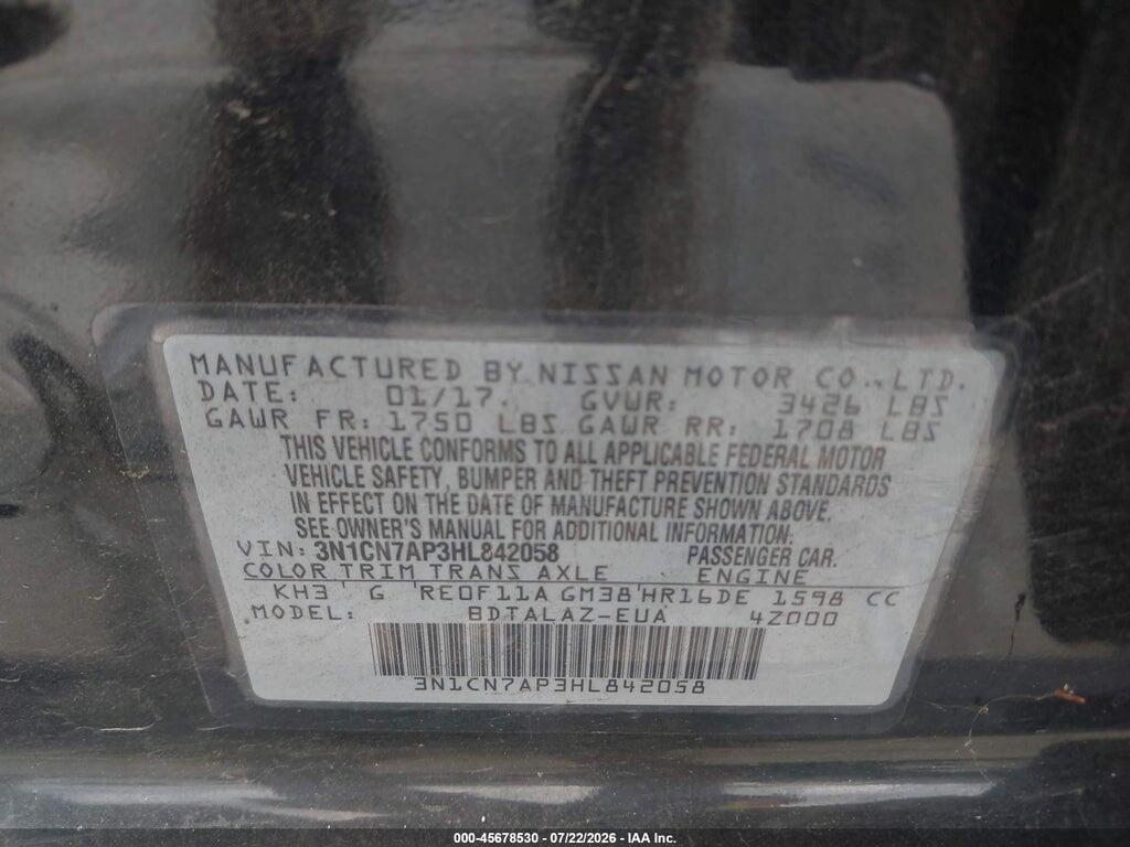 3N1CN7AP3HL842058 2017 NISSAN VERSA photo no. 9