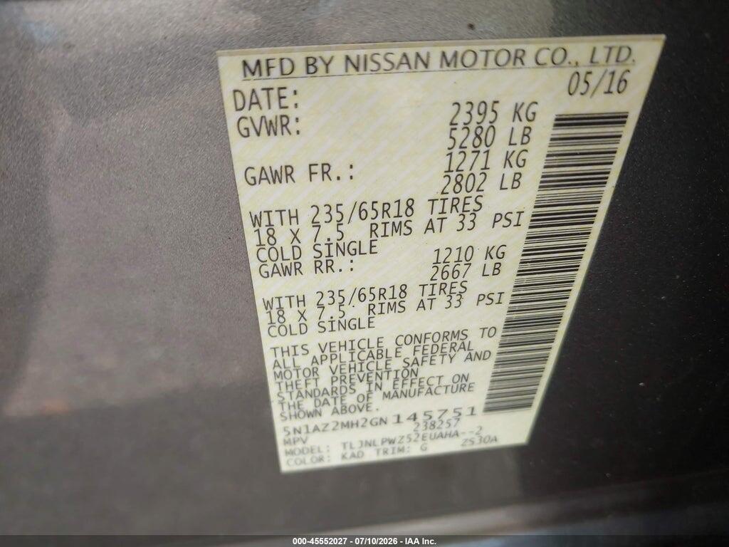 5N1AZ2MH2GN145751 2016 NISSAN MURANO photo no. 9