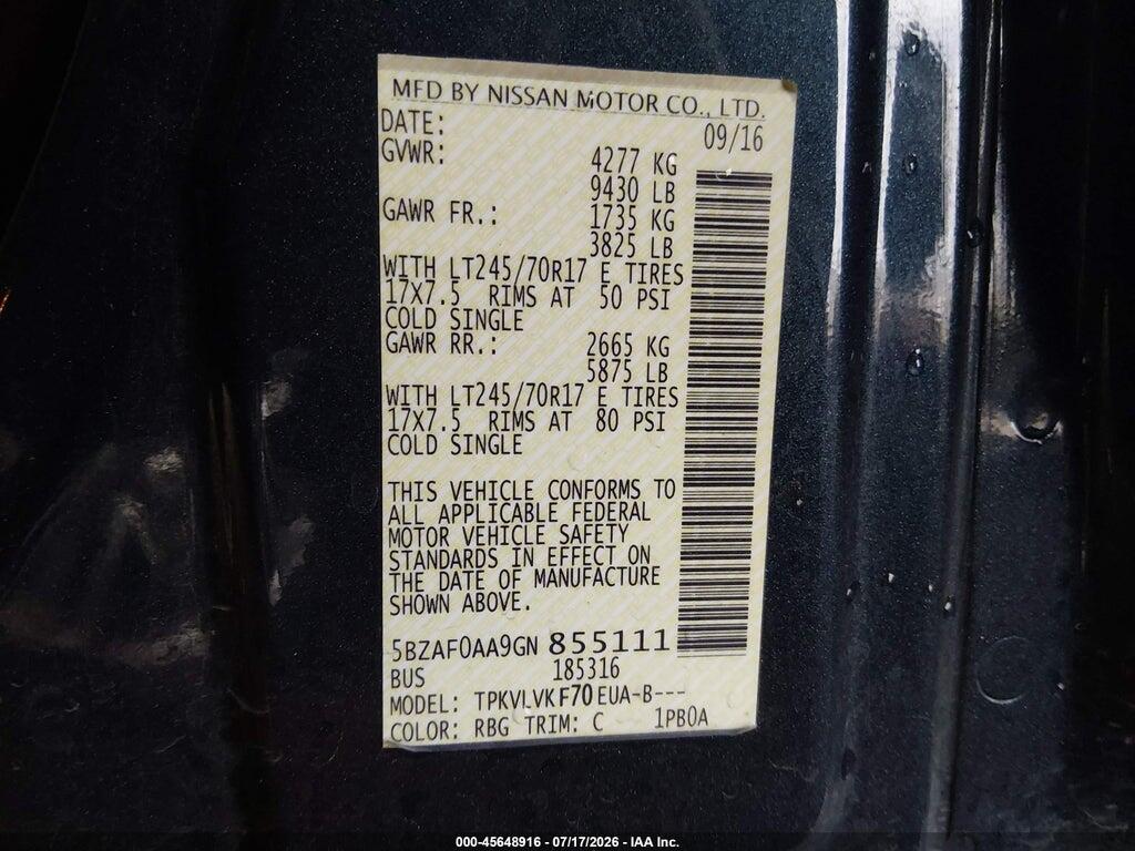 5BZAF0AA9GN855111 2016 NISSAN NV PASSENGER NV3500 HD photo no. 9