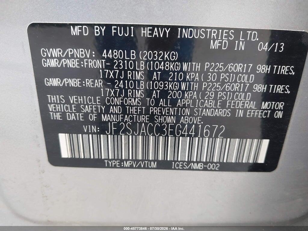 JF2SJACC3EG441672 2014 SUBARU FORESTER photo no. 9