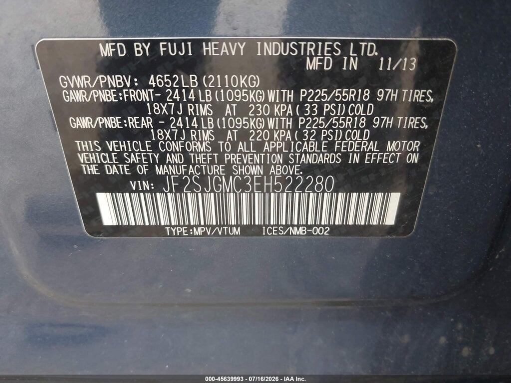 JF2SJGMC3EH522280 2014 SUBARU FORESTER photo no. 9