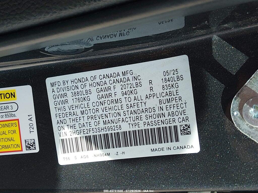 2HGFE2F53SH599258 2025 HONDA CIVIC photo no. 9