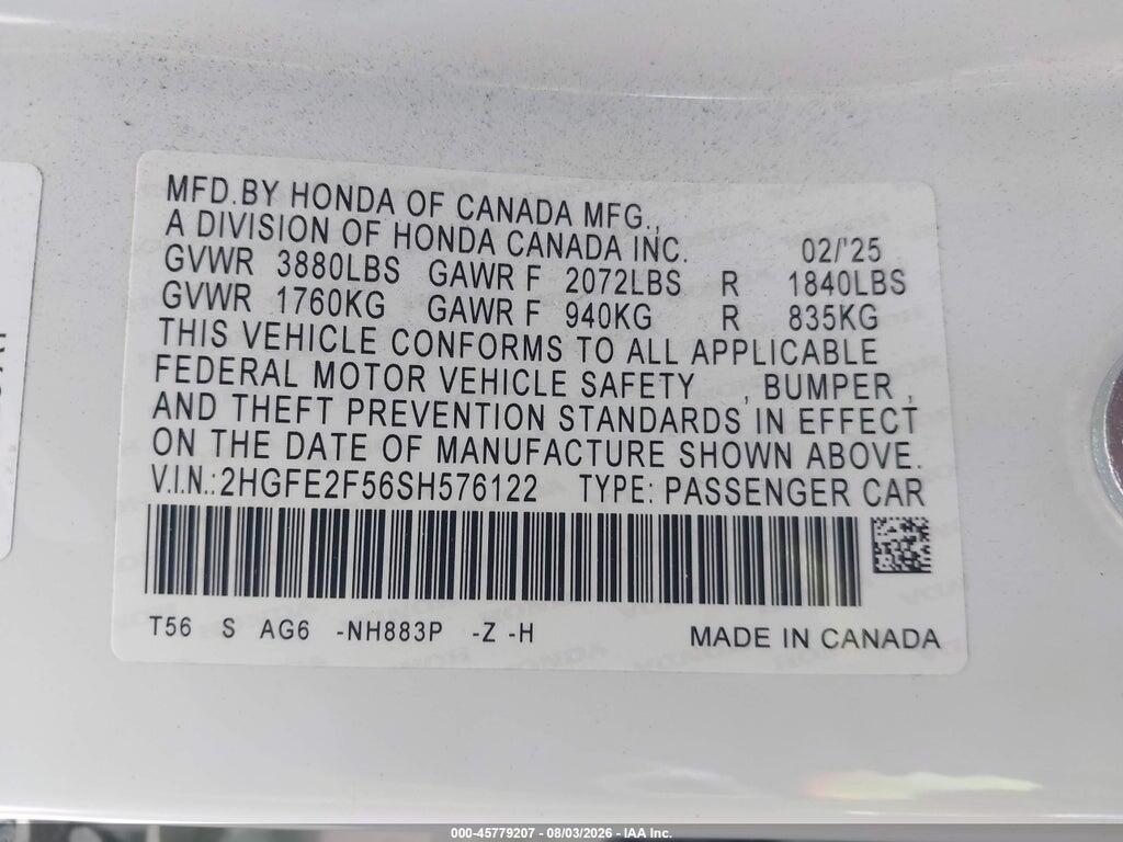 2HGFE2F56SH576122 2025 HONDA CIVIC photo no. 9