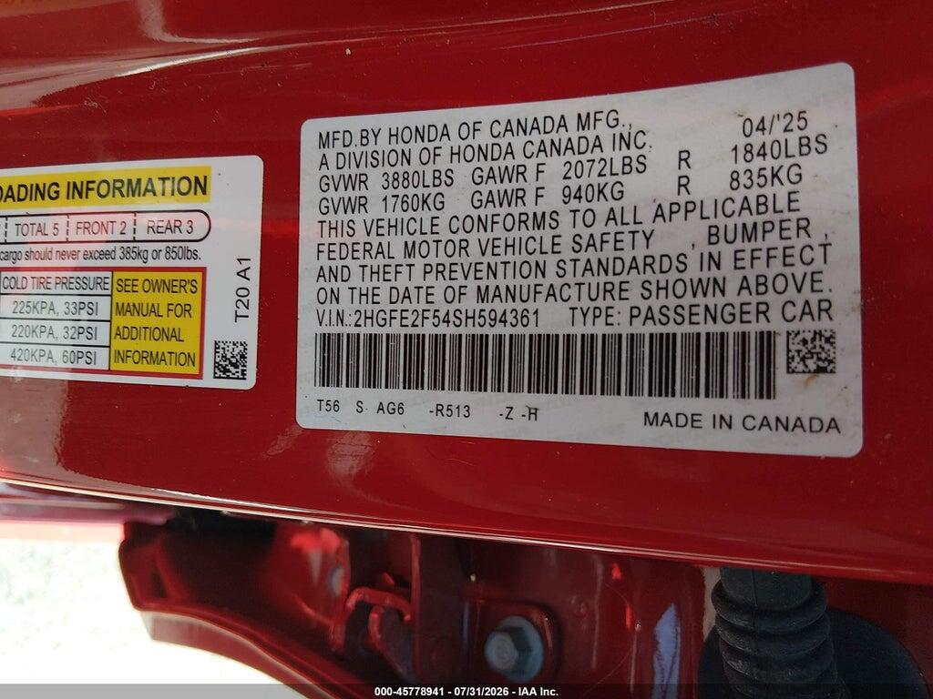 2HGFE2F54SH594361 2025 HONDA CIVIC photo no. 9