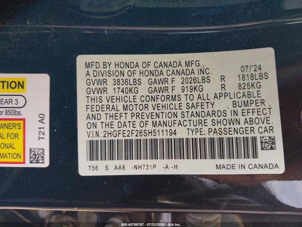 2HGFE2F26SH511194 2025 HONDA CIVIC photo no. 9