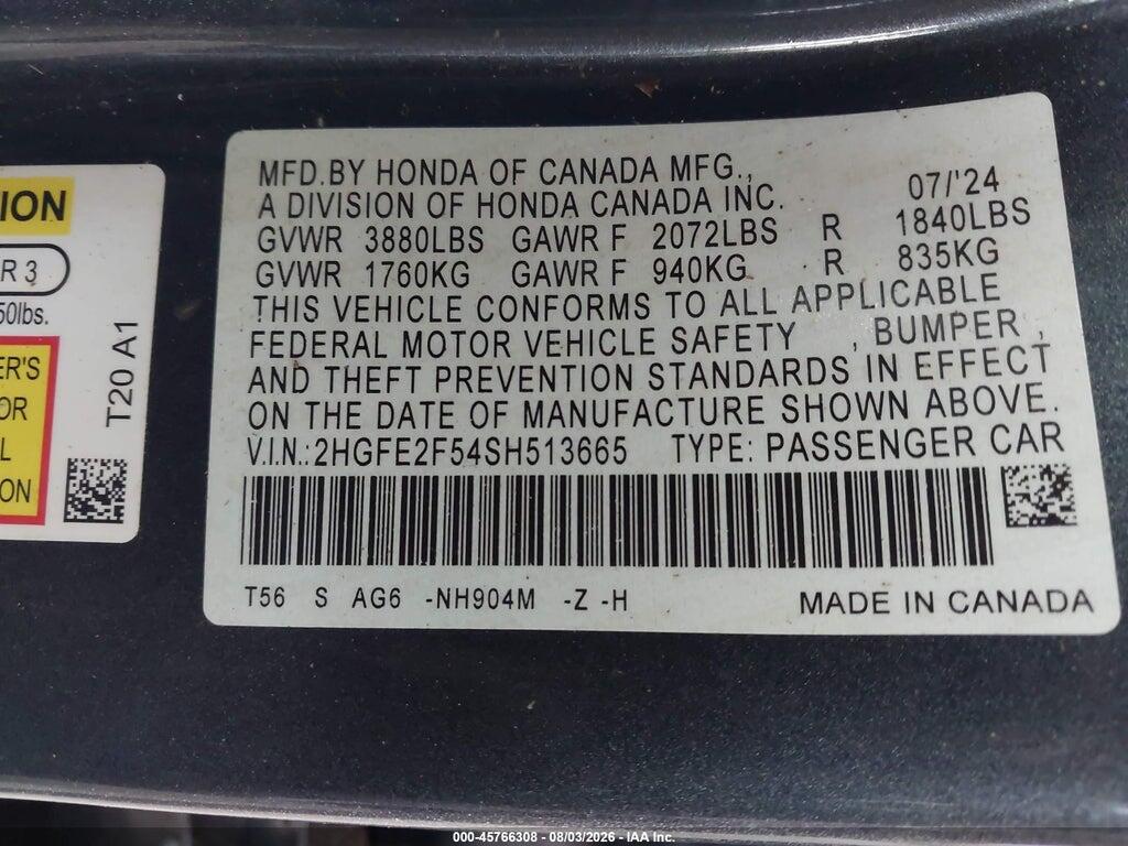 2HGFE2F54SH513665 2025 HONDA CIVIC photo no. 9