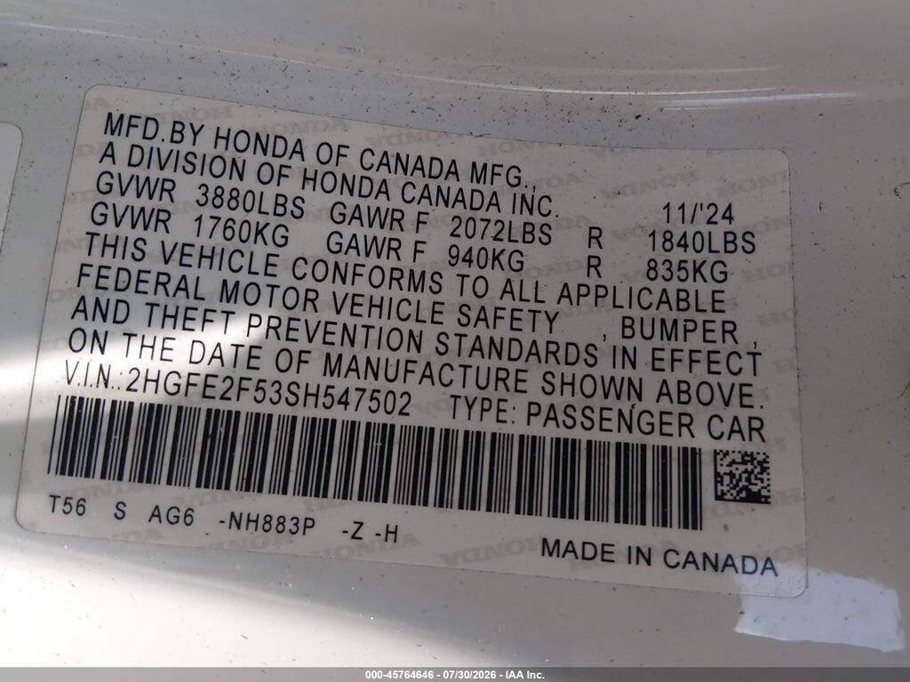 2HGFE2F53SH547502 2025 HONDA CIVIC photo no. 9