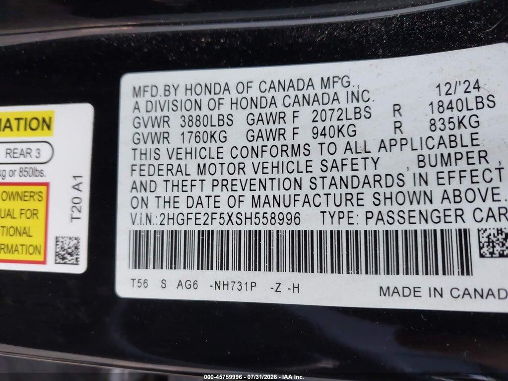2HGFE2F5XSH558996 2025 HONDA CIVIC photo no. 9