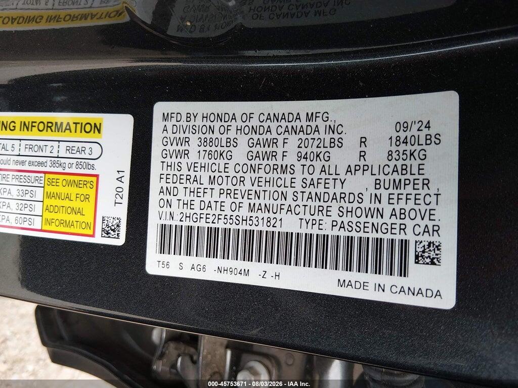 2HGFE2F55SH531821 2025 HONDA CIVIC photo no. 9