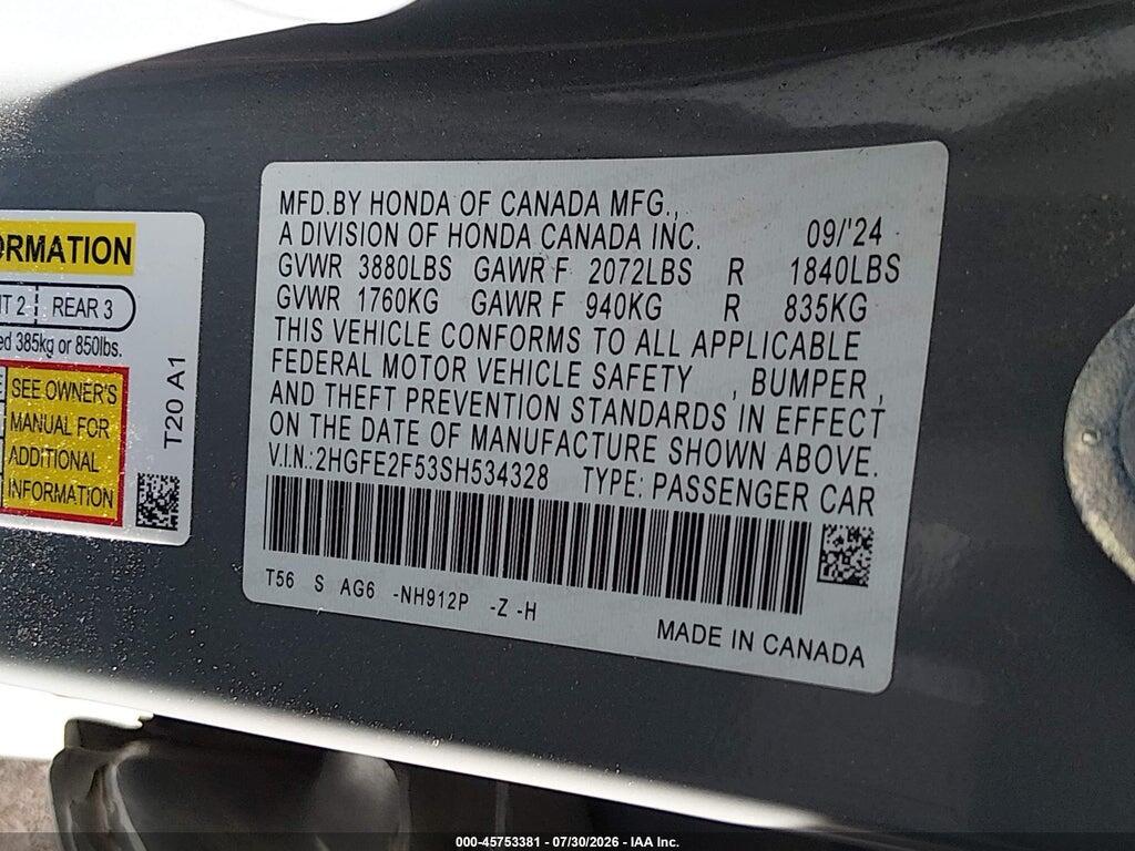 2HGFE2F53SH534328 2025 HONDA CIVIC photo no. 9
