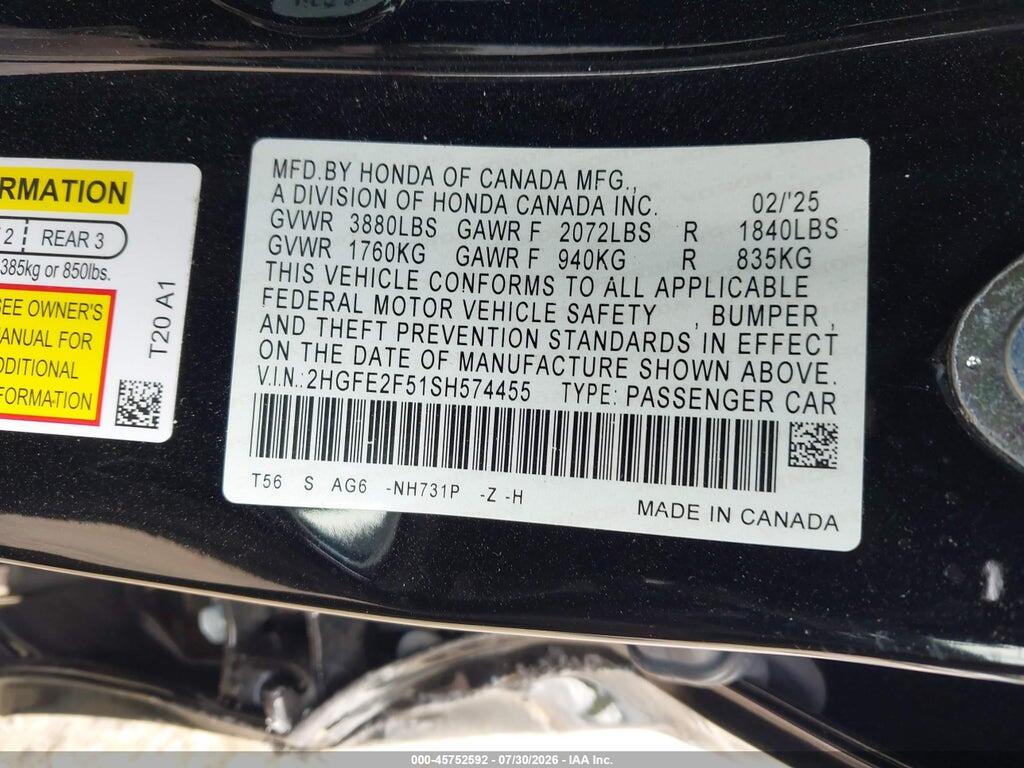2HGFE2F51SH574455 2025 HONDA CIVIC photo no. 9