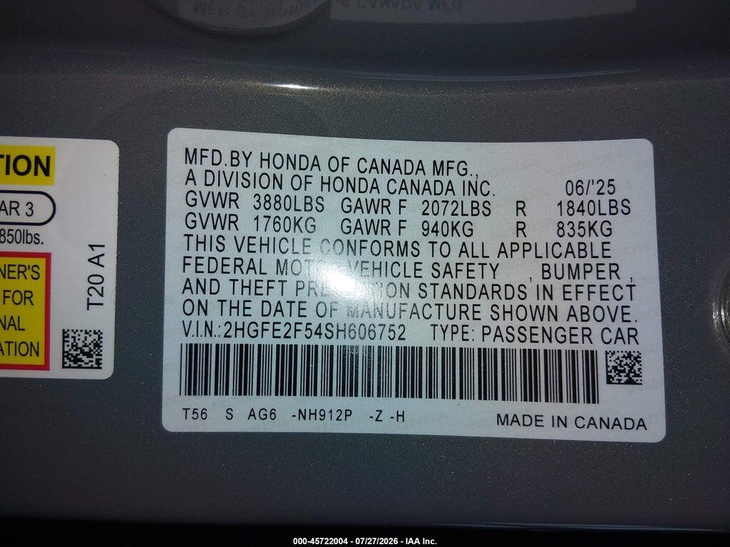 2HGFE2F54SH606752 2025 HONDA CIVIC photo no. 9
