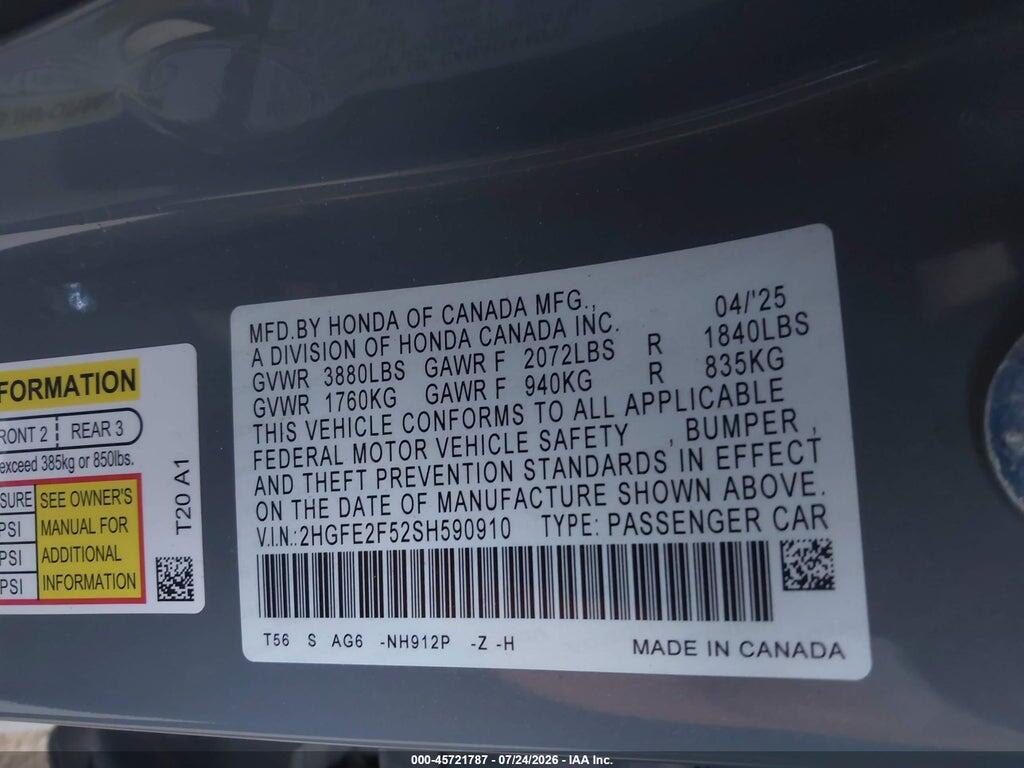 2HGFE2F52SH590910 2025 HONDA CIVIC photo no. 9