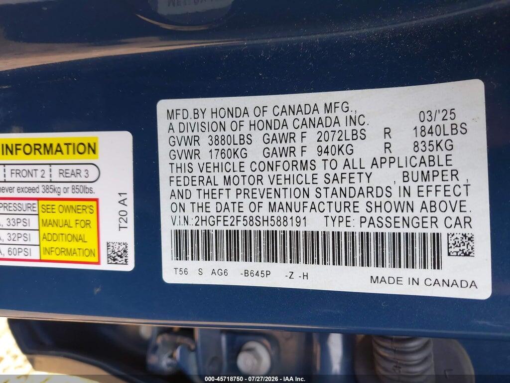 2HGFE2F58SH588191 2025 HONDA CIVIC photo no. 9