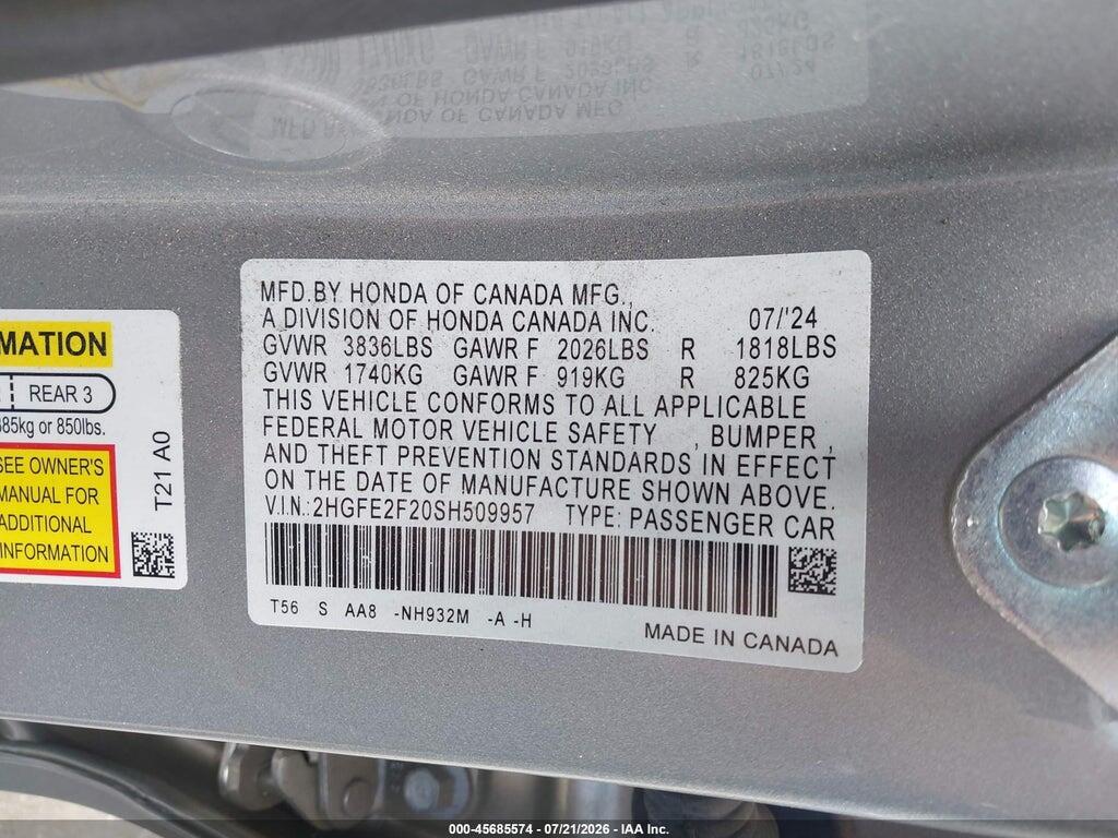 2HGFE2F20SH509957 2025 HONDA CIVIC photo no. 9