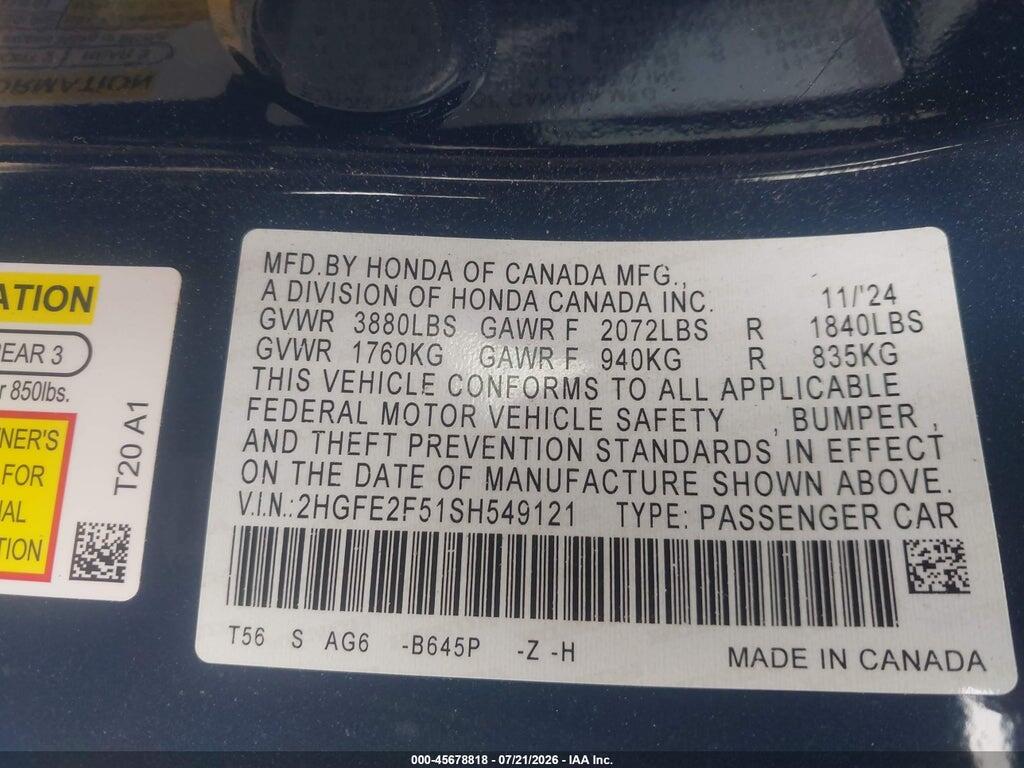 2HGFE2F51SH549121 2025 HONDA CIVIC photo no. 9