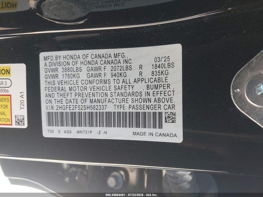 2HGFE2F52SH582337 2025 HONDA CIVIC photo no. 9