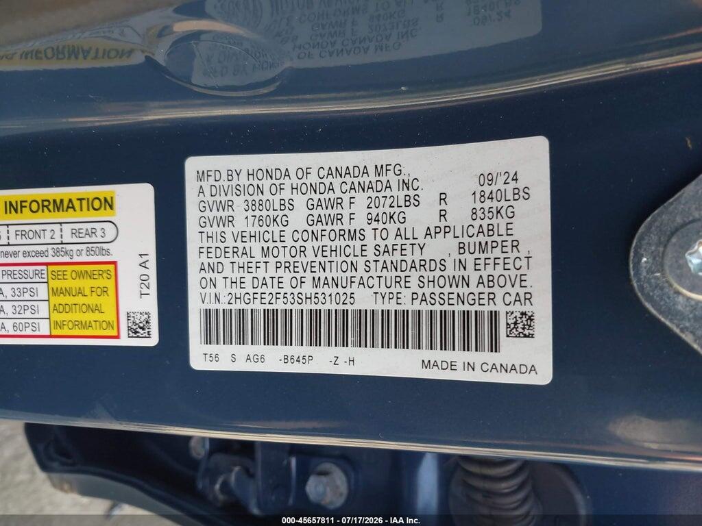 2HGFE2F53SH531025 2025 HONDA CIVIC photo no. 9