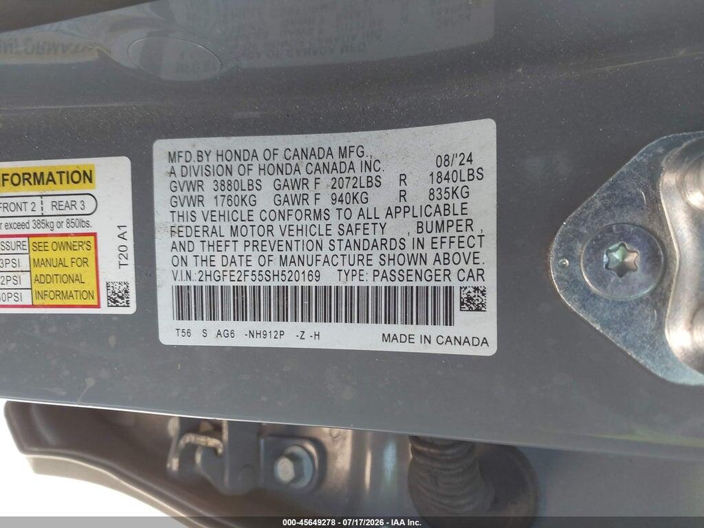 2HGFE2F55SH520169 2025 HONDA CIVIC photo no. 9