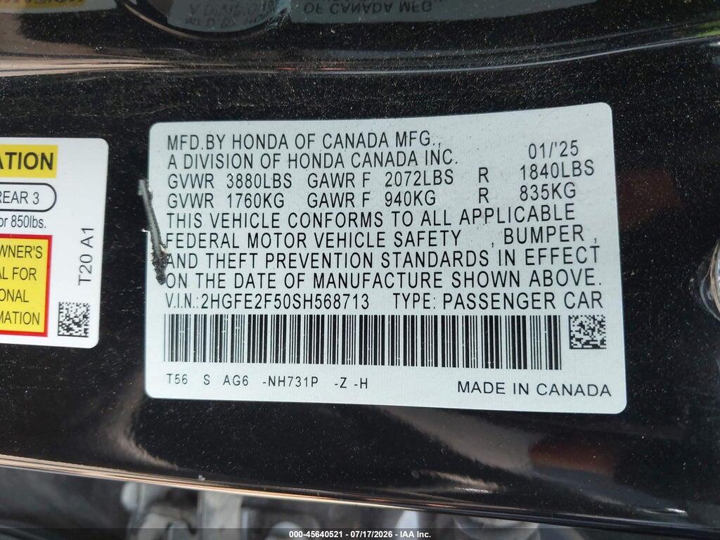 2HGFE2F50SH568713 2025 HONDA CIVIC photo no. 9