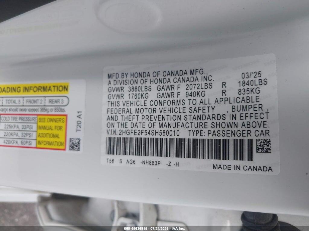 2HGFE2F54SH580010 2025 HONDA CIVIC photo no. 9