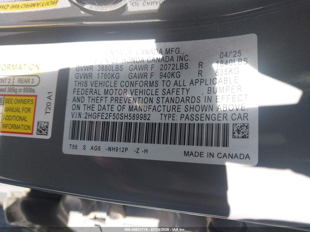 2HGFE2F50SH589982 2025 HONDA CIVIC photo no. 9
