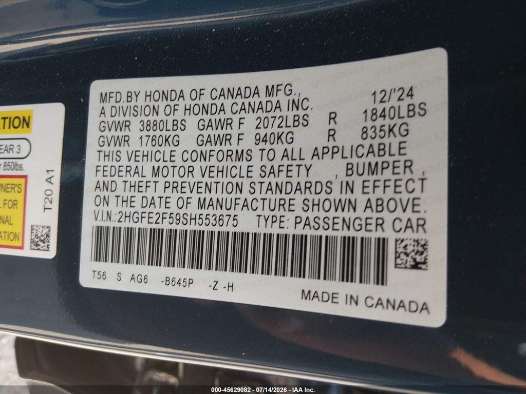 2HGFE2F59SH553675 2025 HONDA CIVIC photo no. 9