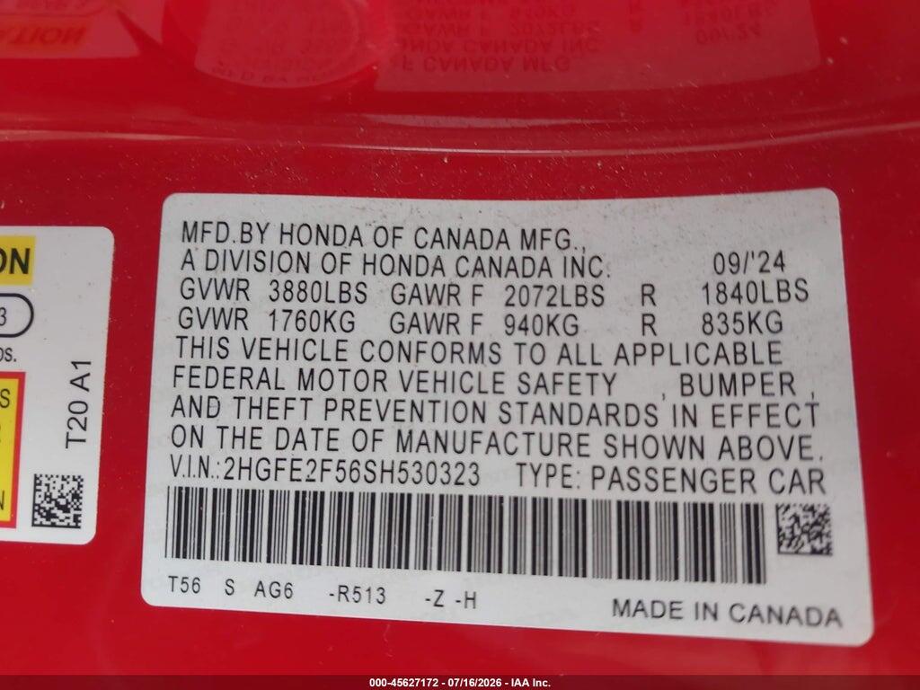 2HGFE2F56SH530323 2025 HONDA CIVIC photo no. 9