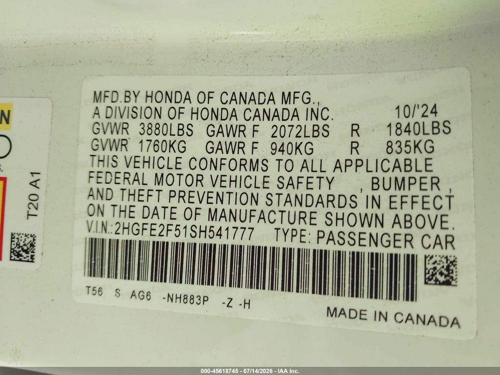 2HGFE2F51SH541777 2025 HONDA CIVIC photo no. 9