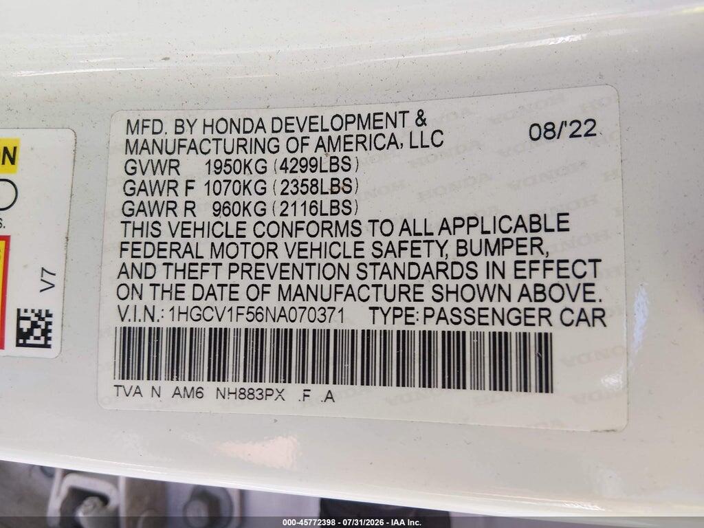 1HGCV1F56NA070371 2022 HONDA ACCORD photo no. 9